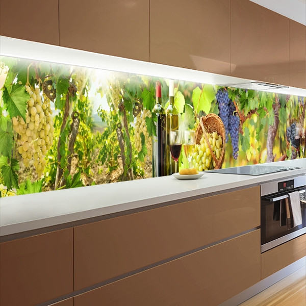 Наклейка на кухонний фартух 60 х 200 см, з захисною ламінацією, з виноградом та келихами вина
