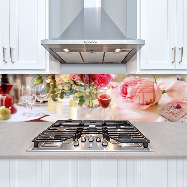 Наклейка на кухонний фартух 60 х 200 см, з захисною ламінацією, рожева троянда з келихом вина