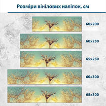 Наклейка на кухонний фартух 60 х 200 см, з захисною ламінацією, кольорові кульбаби з краплями роси на жовто-блакитному фоні, фото 3