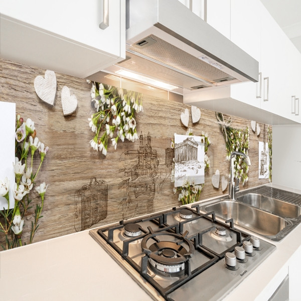 Наклейка на кухонний фартух 60 х 200 см, з захисною ламінацією, букет білих польових квітів з картинами архітектури