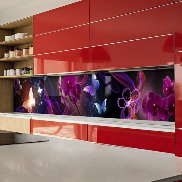 Наклейка на кухонний фартух 60 х 200 см, з захисною ламінацією, фіолетові орхідеї та метелики