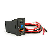 АЗУ FPUV-B, PD+QC3.0, Type-C: 30W, 5V-3A/9V-3A/12V-2.5A, USB: 18W, 5V-3.4A/9V-2A/12V-1.5A, 33x23mm, LED Blue,