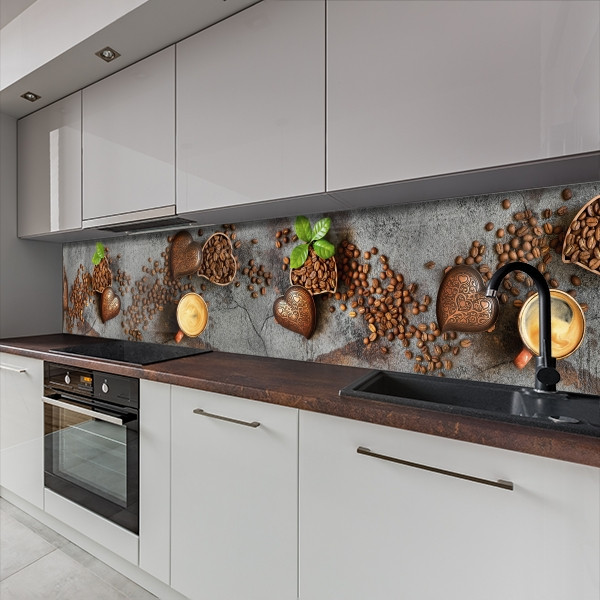 Кухонна панель жорстка ПЕТ, Самофіксуюча 62 х 410 см (товщина 1,2 мм) сердця з кавових зерен та листочками м, фото 1