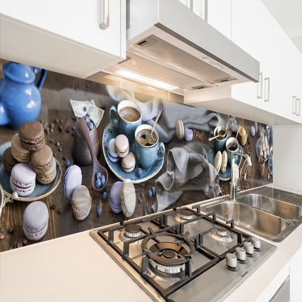 Кухонна панель жорстка ПЕТ, Самофіксуюча 62 х 410 см (товщина 1,2 мм) чашка кави з макаронсами, фото 1