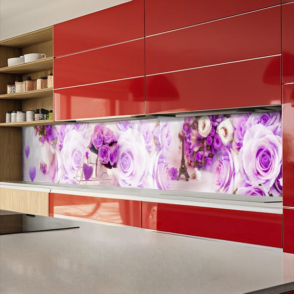 Кухонна панель жорстка ПЕТ, Самофіксуюча 62 х 410 см (товщина 1,2 мм) ніжно-фіолетові троянди, фото 1