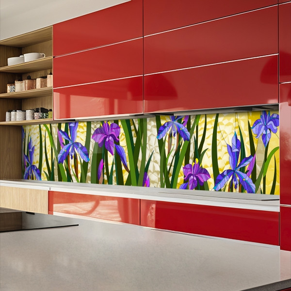 Кухонна панель жорстка ПЕТ, Самофіксуюча 68 х 305 см (товщина 2,0 мм) синьо-фіолетові квіти на жовтому фоні, фото 1