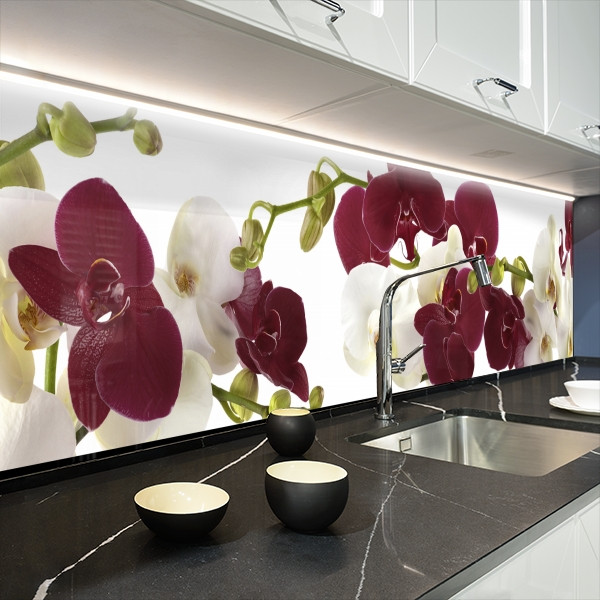 Кухонна панель жорстка ПЕТ, Самофіксуюча 62 х 305 см (товщина 1,2 мм) білі та бардові орхідеї, фото 1