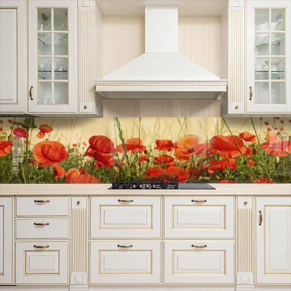 Кухонна панель жорстка ПЕТ, Самофіксуюча 62 х 305 см (товщина 1,2 мм) поле з червоними маками, фото 1