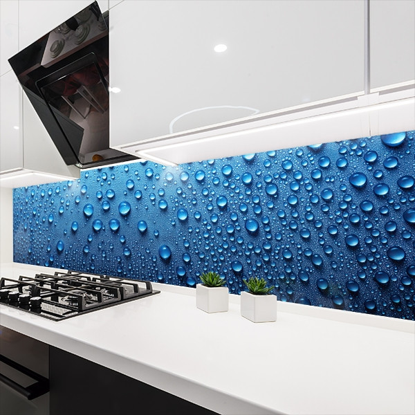 Кухонна панель жорстка ПЕТ, Самофіксуюча 62 х 305 см (товщина 1,2 мм) великі краплі дощу на синьому фоні, фото 1