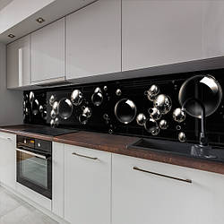 Кухонна панель жорстка ПЕТ, Самофіксуюча 62 х 205 см (товщина 1,2 мм) Великі металеві кулі на чорному фоні