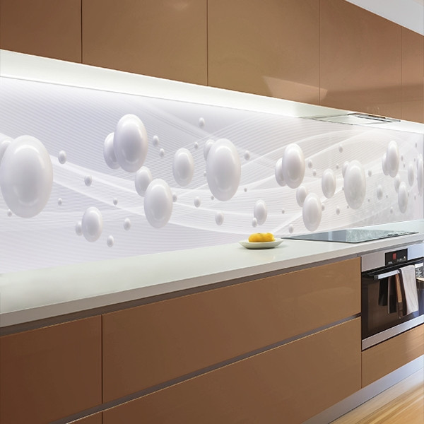 Кухонна панель жорстка ПЕТ, Самофіксуюча 68 х 305 см (товщина 2,0 мм) білі 3Д кулі з абстракцією, фото 1