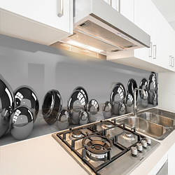 Кухонна панель жорстка ПЕТ, Самофіксуюча 62 х 205 см (товщина 1,2 мм) 3Д абстракція металевих куль на сірому фоні