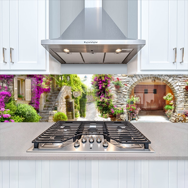 Кухонна панель жорстка ПЕТ, Самофіксуюча 62 х 205 см (товщина 1,2 мм) старинні вулиці з квітами, фото 1