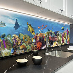 Кухонна панель жорстка ПЕТ, Самофіксуюча 62 х 205 см (товщина 1,2 мм) Морські рибки з кораловим рифом