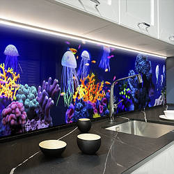 Кухонна панель жорстка ПЕТ, Самофіксуюча 62 х 205 см (товщина 1,2 мм) неоновий підводний світ