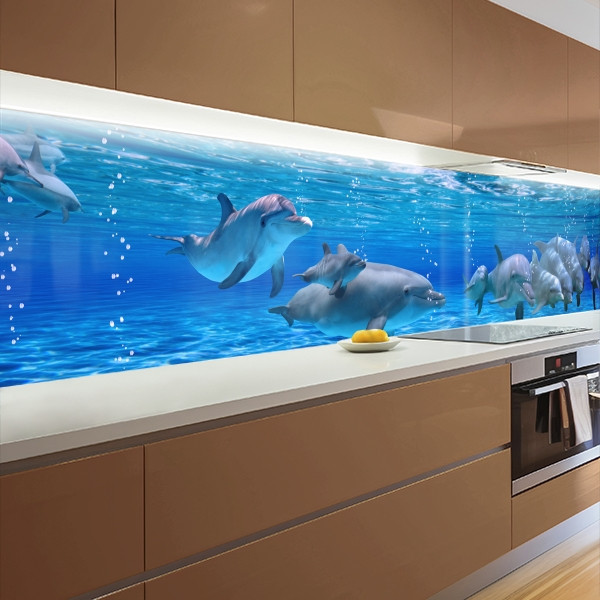 Кухонна панель жорстка ПЕТ, Самофіксуюча 62 х 305 см (товщина 1,2 мм) зграя дельфінів, фото 1
