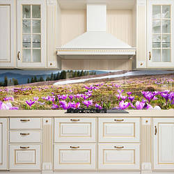 Кухонна панель жорстка ПЕТ, Самофіксуюча 62 х 205 см (товщина 1,2 мм) поле гірських рожевих квітів