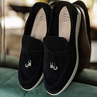 Демісезонні замшеві лофери в чорному кольорі зі шкіряною підкладкою