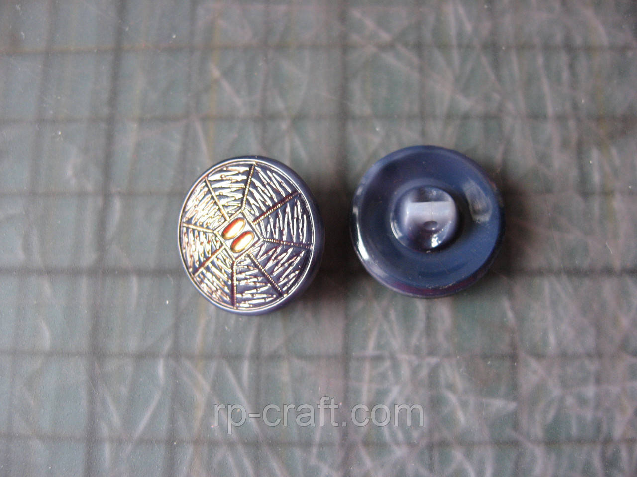 256. Набір пластикових гудзиків, 2 штуки, 8х18х18 мм, сині із золотом, фото 1