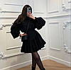 Чорний базовий стильний жіночий костюм-двійка з котону: Блуза та пишна Спідниця з воланами, фото 2
