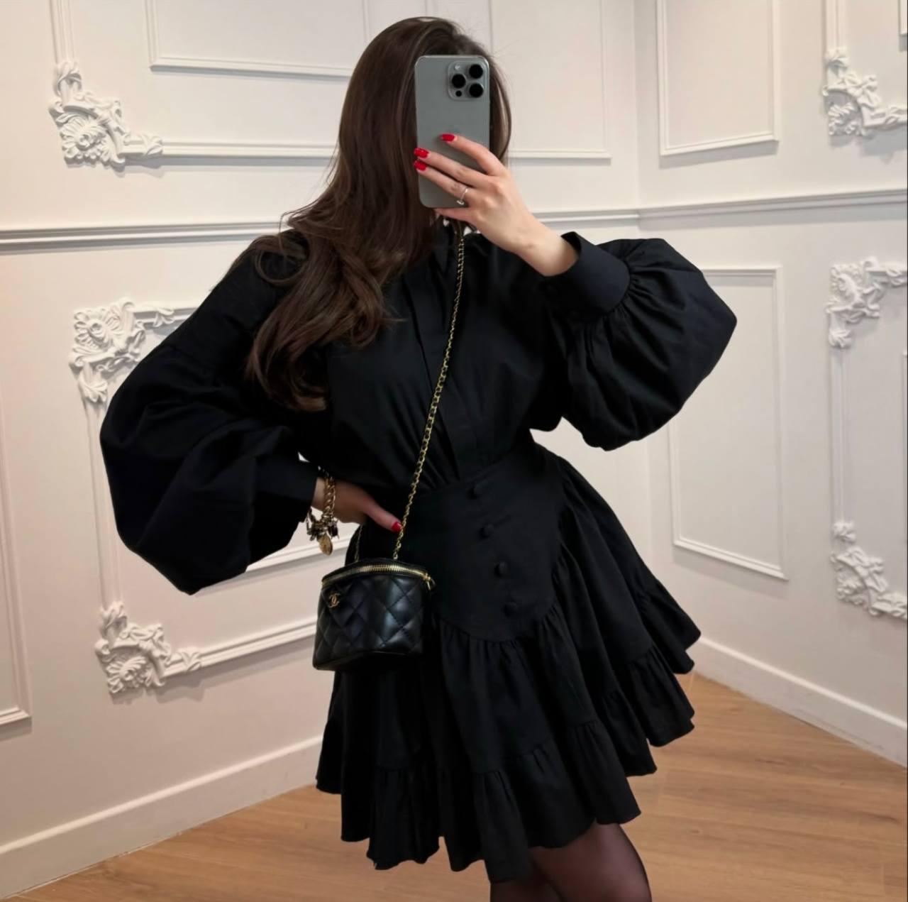 Чорний базовий стильний жіночий костюм-двійка з котону: Блуза та пишна Спідниця з воланами, фото 1