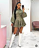Оливковий базовий стильний жіночий костюм-двійка з котону: Блуза та пишна Спідниця з воланами, фото 2