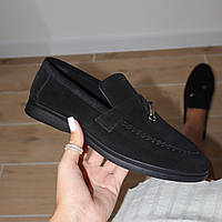 Демісезонні жіночі лофери із натуральної замші в чорному кольорі на низькому ходу