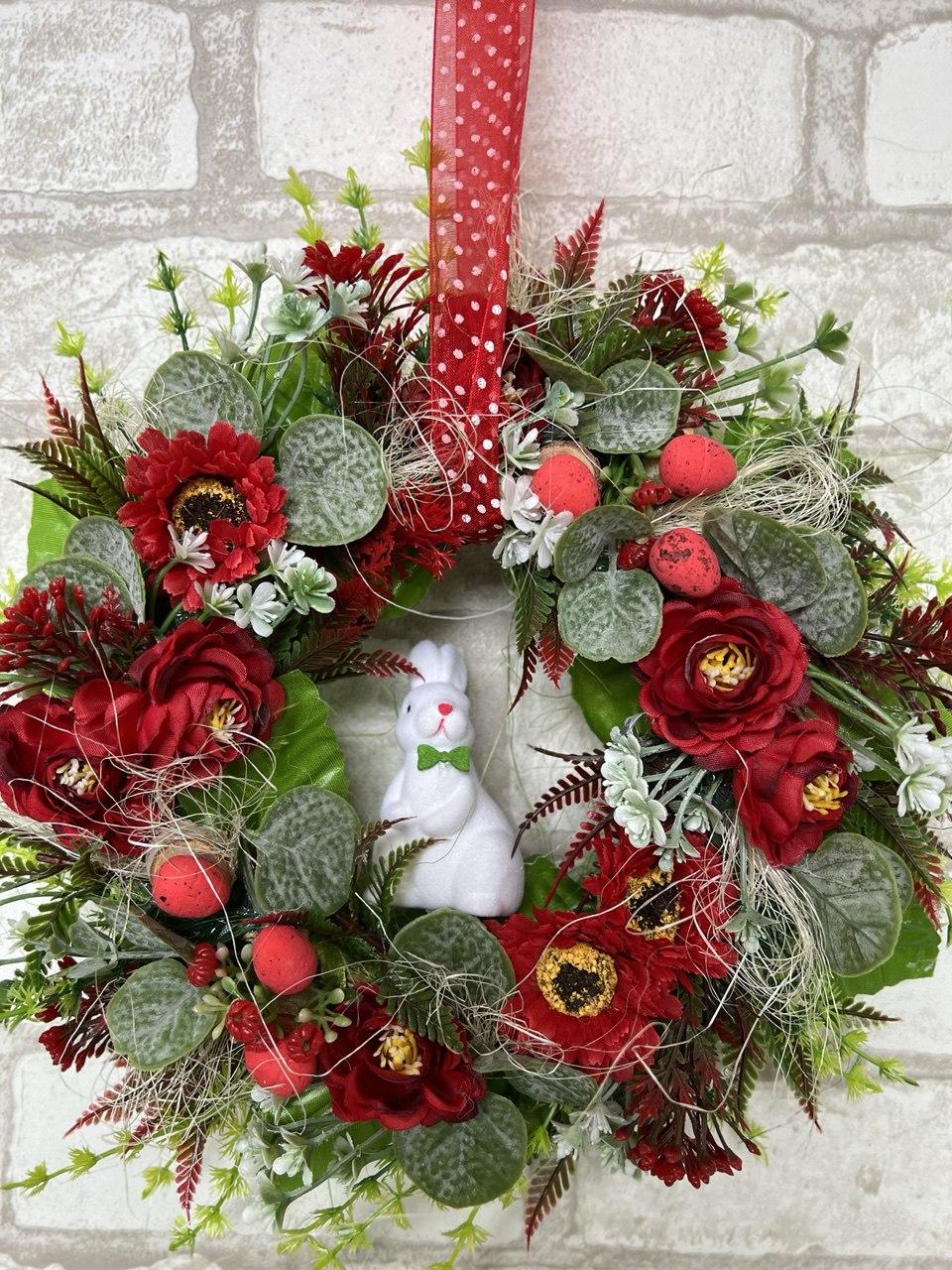 Віночок великодній з кроликом, великодній віночок на двері, великодній декор, Д - 28 см, фото 1