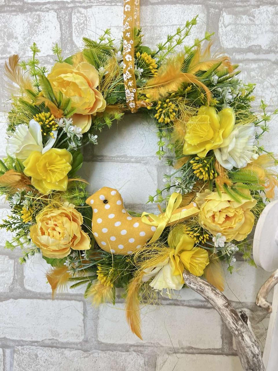 Віночок великодній з пташкою На щастя, великодній віночок на двері, великодній декор, Д - 35 см, фото 1