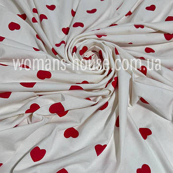 Тканина Кулір стрейч принт 180 см Туреччина 180 г/м2 Серце червоні на молочному