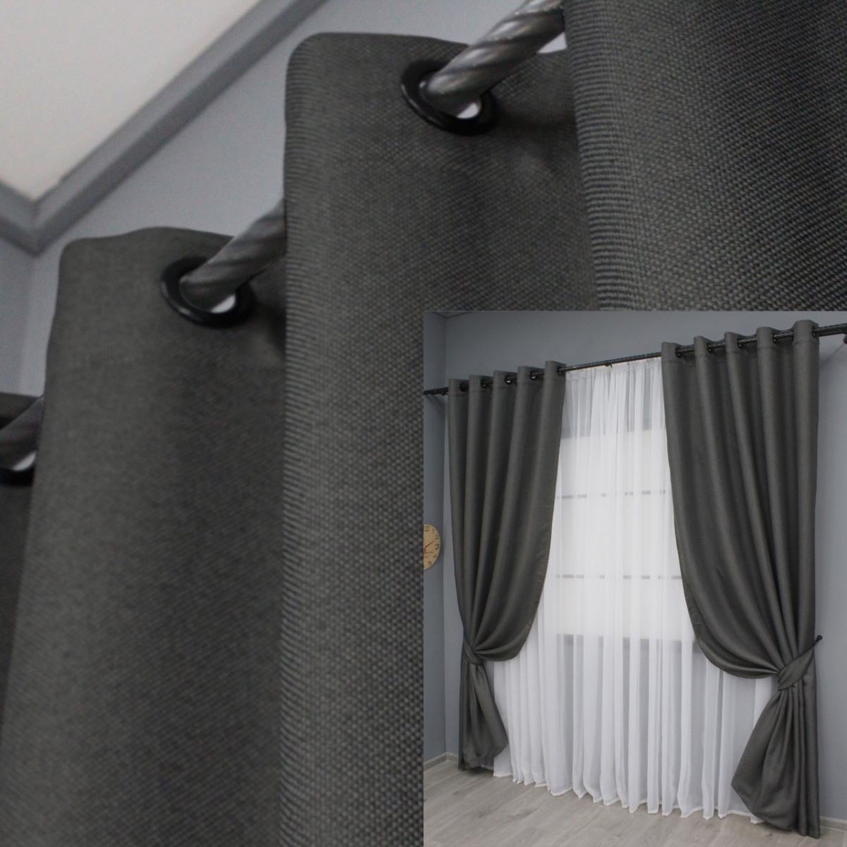 Комплект (2шт. 1,5х2,5м.) штор на люверсах, льон-блекаут "Льон Мішковина". Колір сірий. Код 1220ш 37-0193 5019667