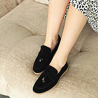 Демісезонні жіночі чорні замшеві лофери з устілкою з екошкіри
