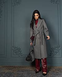 Жіноче сіре демісезонне актуальне пальто з поясом із вовняної тканини