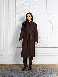 Жіноче двобортне шоколадне демісезонне актуальне пальто з поясом із вовняної тканини у кольорі шоколад