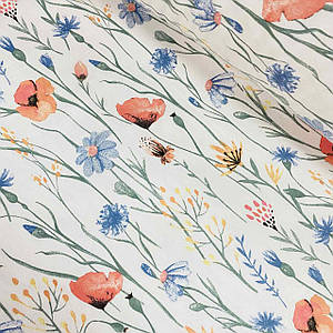 Фланелева тканина, червоні маки та ромашки на білому (шир. 2,4 м) (FL-N-0426)