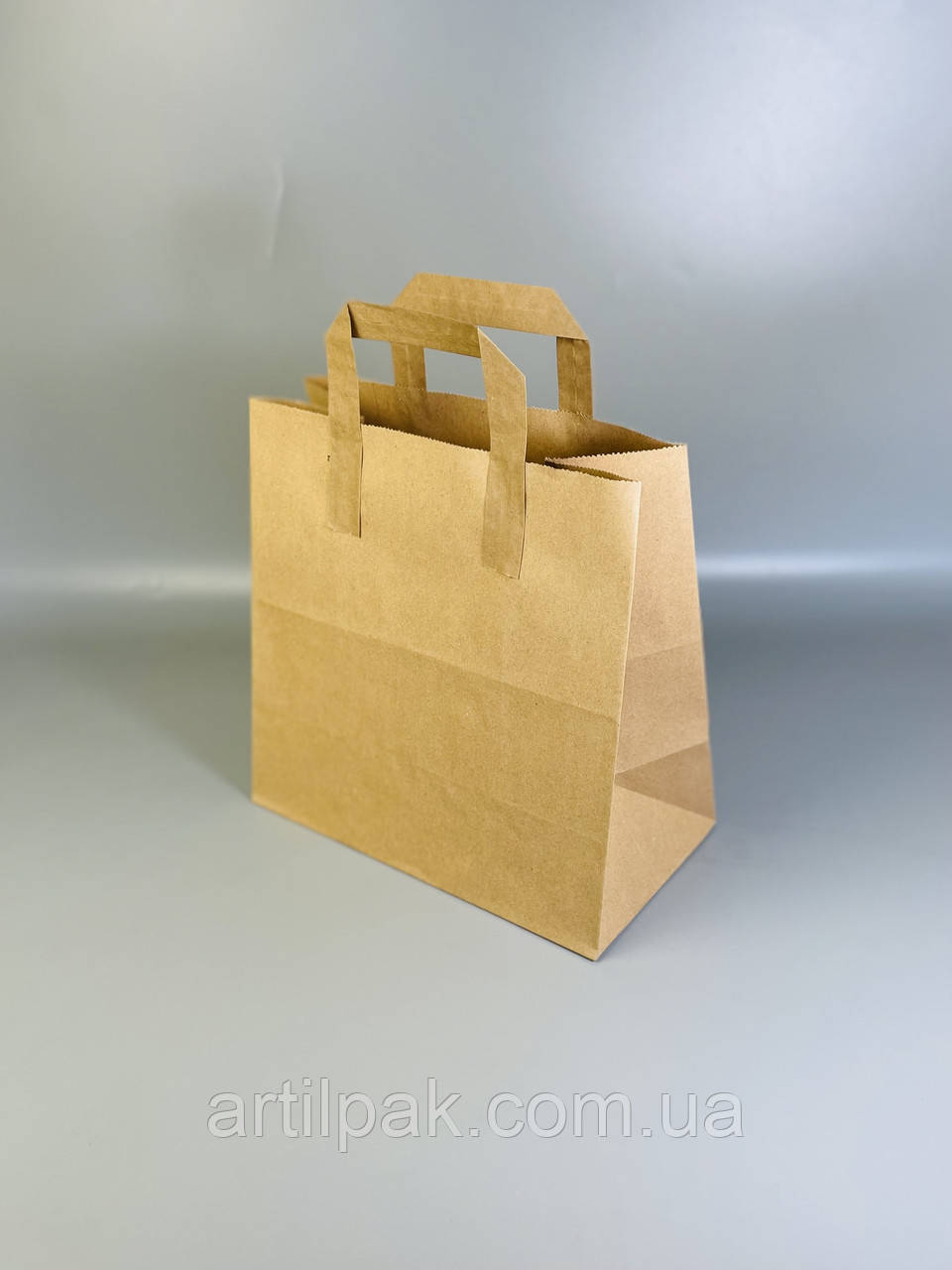 Паперовий пакет крафт коричневий, з пласкими ручками 260*260*140, фото 1