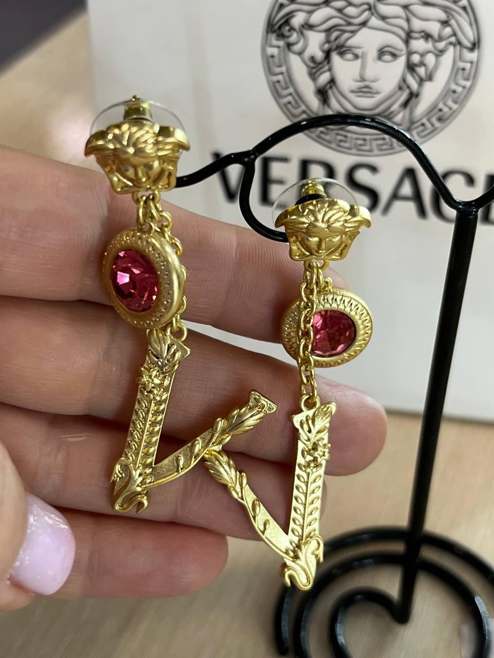 Версаче сережки / Versace сережки позолота, рожевий кристал