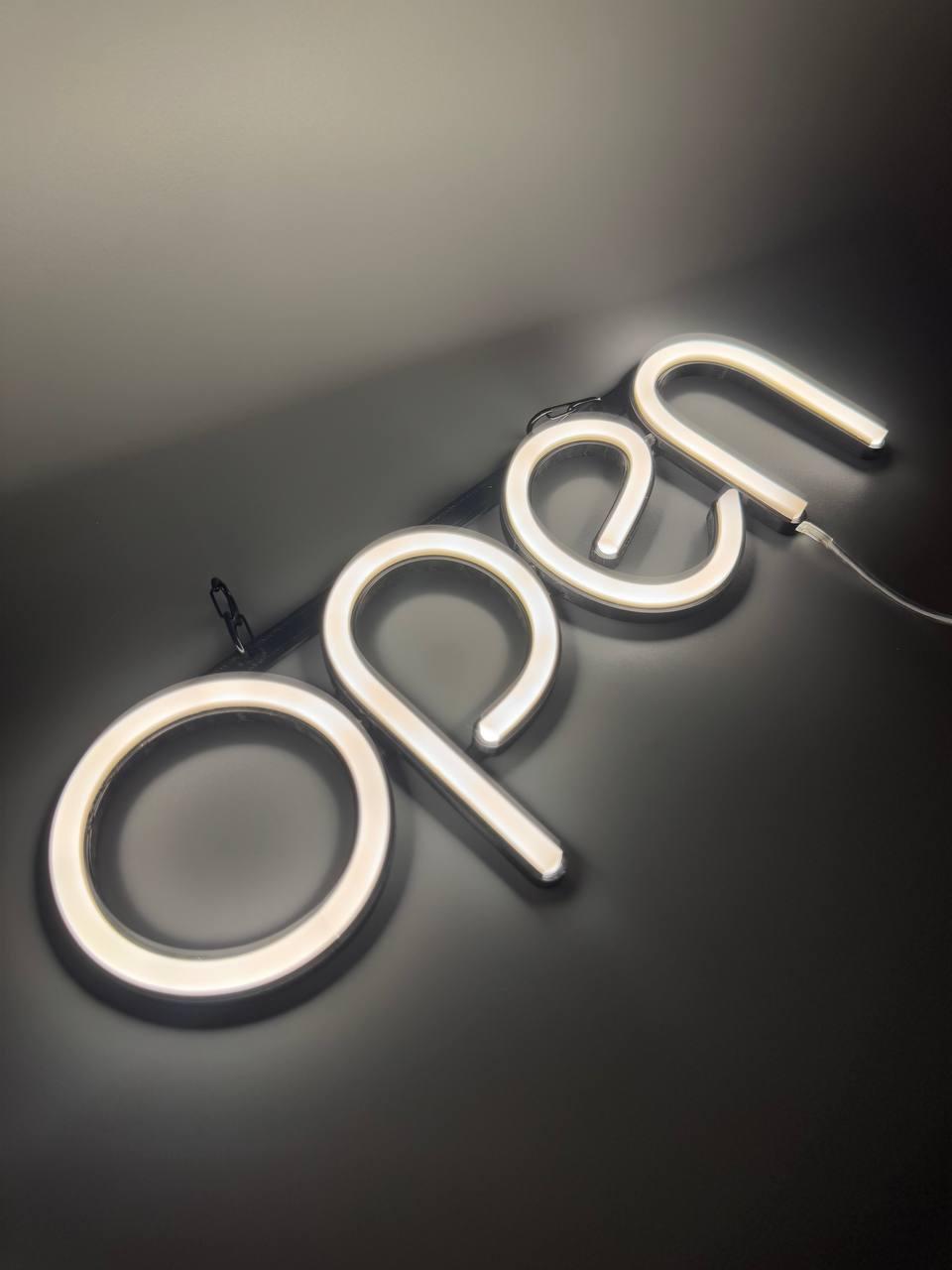 Світлодіодні рекламні вивіски Вивіска RGB неонова open 400 х 130 мм, батарейки, фото 1