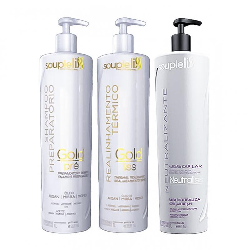 Набір кератину SoupleLiss Gold Liss з шампунем та фінішною маскою 3*1000 мл