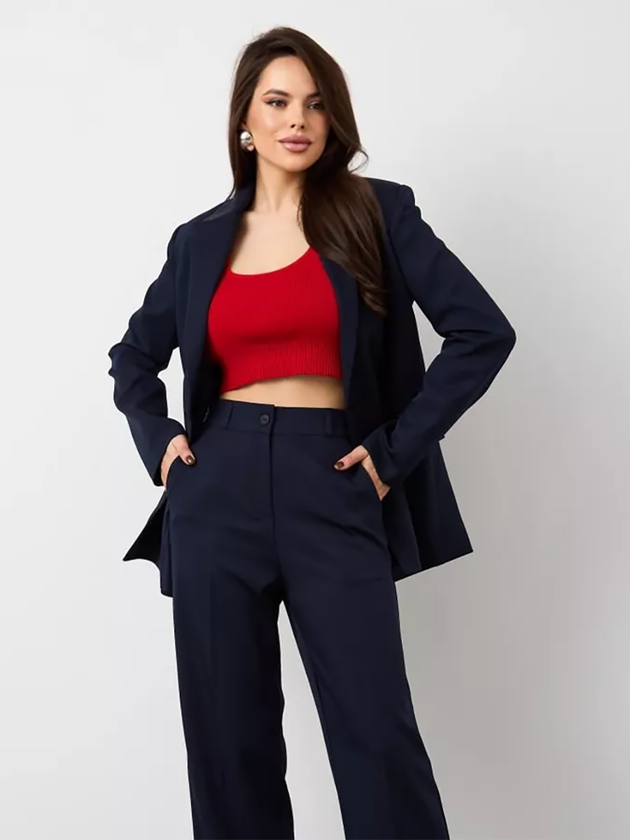 Класичний модний жіночий брючний костюм двійка, вільний, темно-синій, фото 1