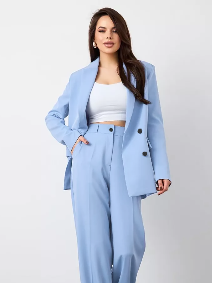 Класичний модний жіночий брючний костюм двійка, вільний, блакитний, фото 1