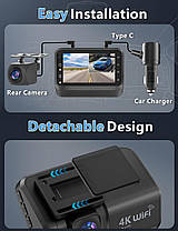 CHORTAU Dash Cam спереду та ззаду, 4k+1080P Wi-Fi Dual Dash Cam із застосунком, 3-дюймовий IPS-відеореєстратор Д, фото 3
