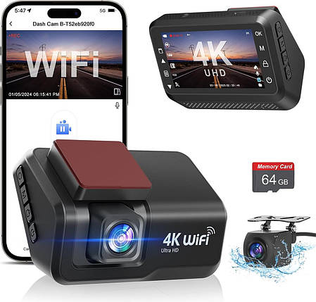 CHORTAU Dash Cam спереду та ззаду, 4k+1080P Wi-Fi Dual Dash Cam із застосунком, 3-дюймовий IPS-відеореєстратор Д, фото 1