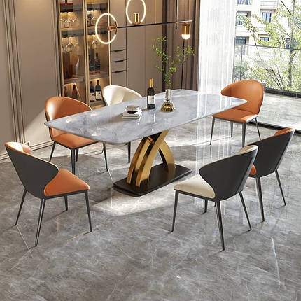 Стіл модний обідній «Пікок» 160×90 см з керамічною стільницею сірий емаль і золотою металевою ніжкою, сучасний стиль, фото 1