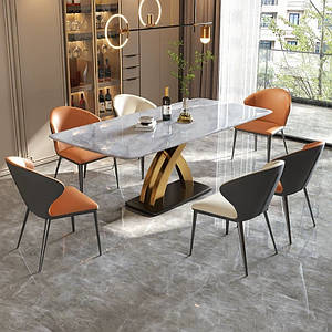 Стіл модний обідній «Пікок» 160×90 см з керамічною стільницею сірий емаль і золотою металевою ніжкою, сучасний стиль