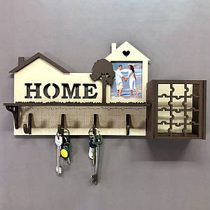 Настінна ключниця з дерева "HOME з фото" 32 х 45 см