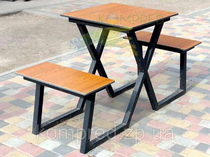 Стіл із лавками садовий вуличний 1500х600х750 мм стільниця фанера чорний Kompred OL729, фото 1