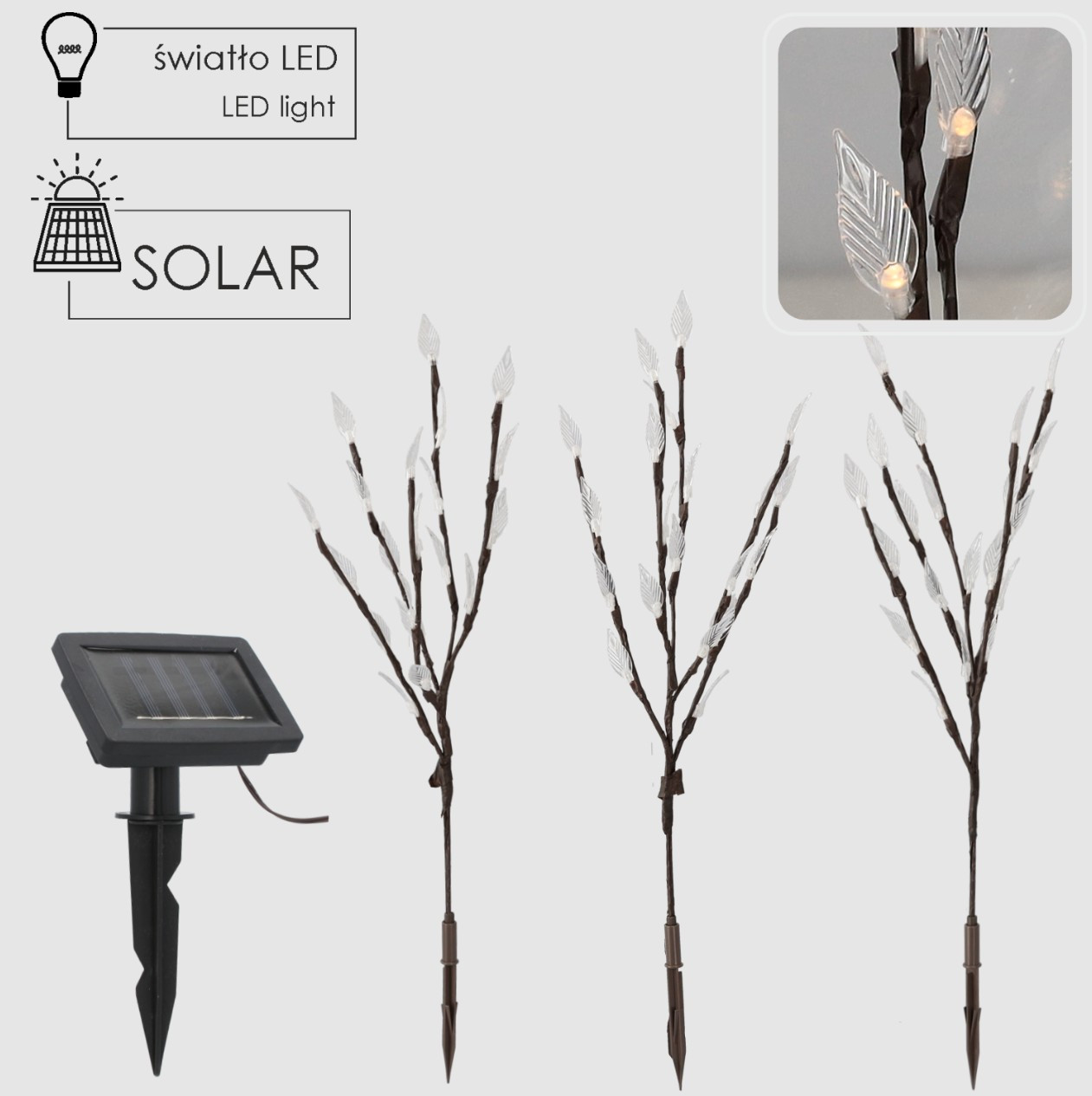 Сонячний садовий ліхтар-світильник, набір 3 гілки 60см, 60 LED Garden Line SOL6094 тепле біле світло