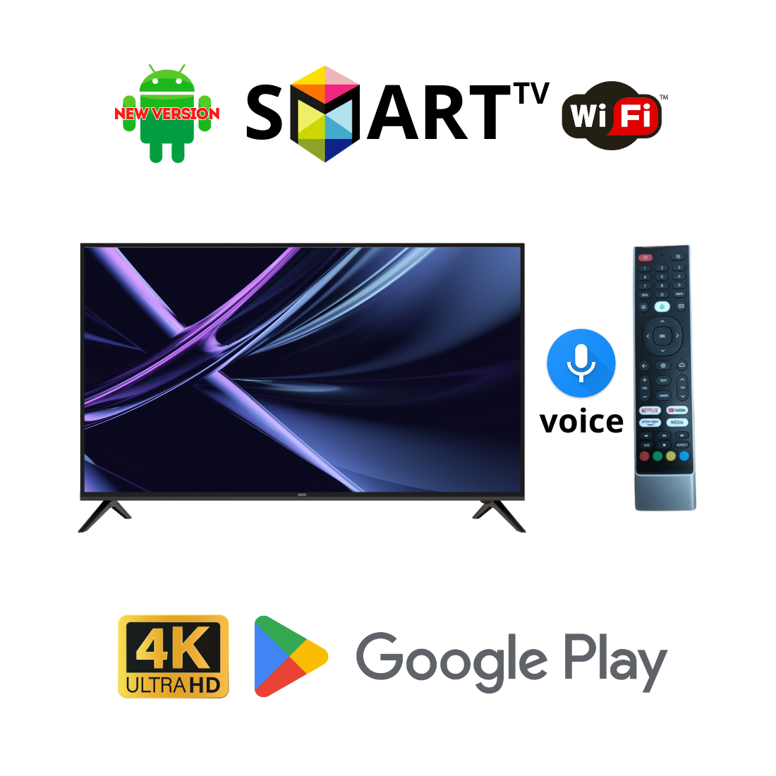 Телевізор AKAI 34" Smart DVB/T2/FullHD/USB Android 15.0 блютуз + голосове управління