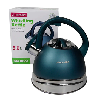 Чайник з нержавіючої сталі Kamille KM-0861 3 л зі свистком і ручкою soft touch.